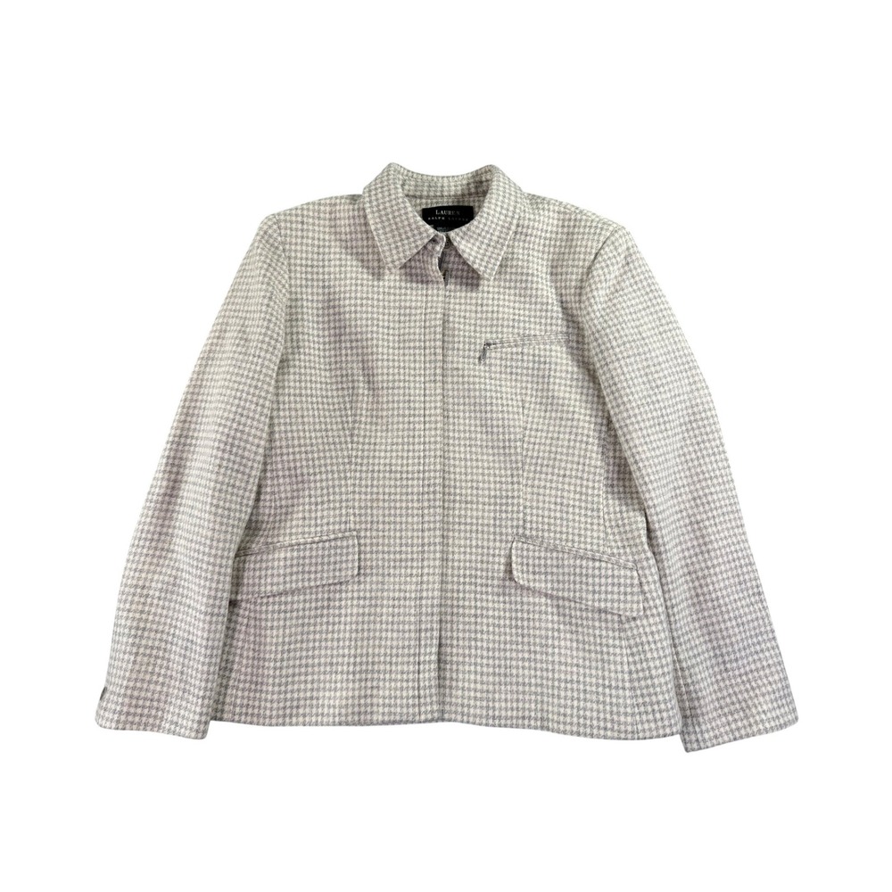 Lauren Ralph Lauren Houndstooth Jacket Womens Size 14 Gray Zip Front Collared